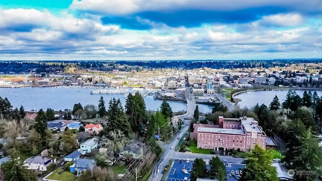 bird's eye view with a water view