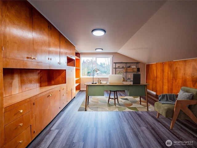 home office featuring lofted ceiling, dark wood-type flooring, and a sink