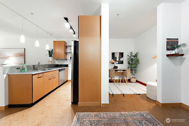 kitchen with pendant lighting, dishwasher, rail lighting, sink, and stainless steel counters