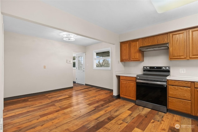 kitchen featuring dark wood-type flooring, exhaust hood, and stainless steel range with electric stovetop