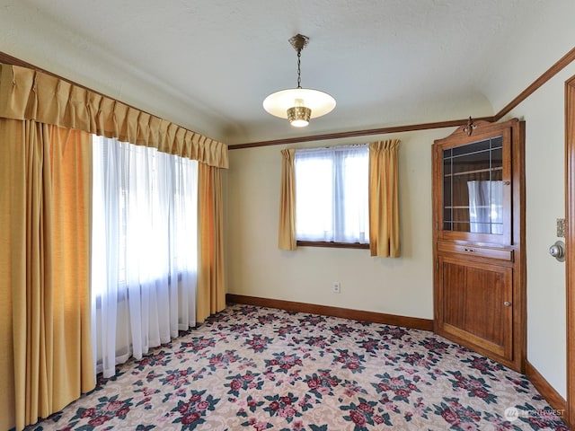 empty room featuring ornamental molding and carpet flooring