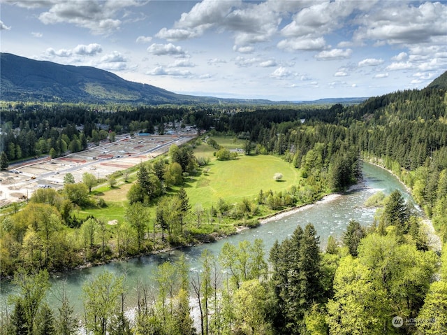 aerial view featuring a water and mountain view