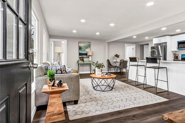 living room with dark hardwood / wood-style floors