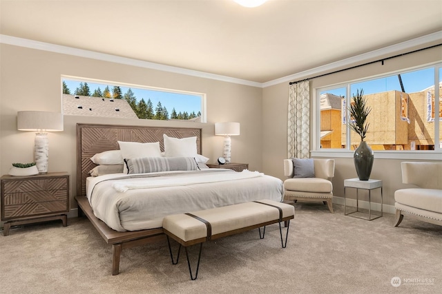 bedroom with multiple windows, crown molding, and light colored carpet