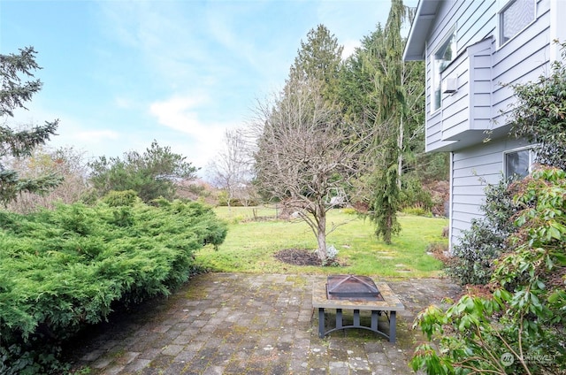 view of yard featuring a patio and a fire pit