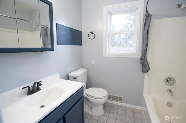 full bathroom with vanity, shower / tub combo with curtain, tile patterned floors, and toilet