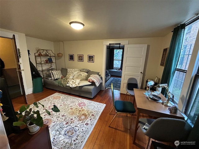 living room featuring dark wood-type flooring