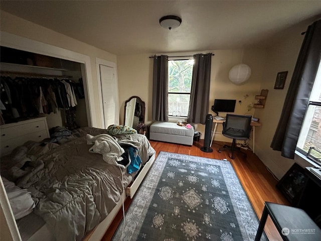 bedroom featuring hardwood / wood-style floors and a closet