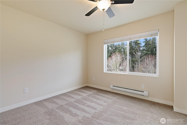 unfurnished room with baseboards, ceiling fan, a baseboard radiator, and light colored carpet