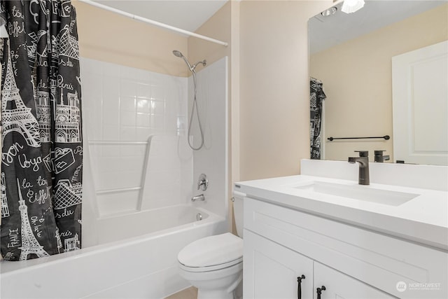 full bathroom featuring vanity, toilet, and shower / bathtub combination with curtain