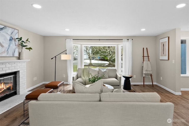 living room with a fireplace and wood-type flooring