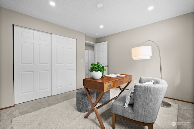 office featuring light colored carpet and a textured ceiling