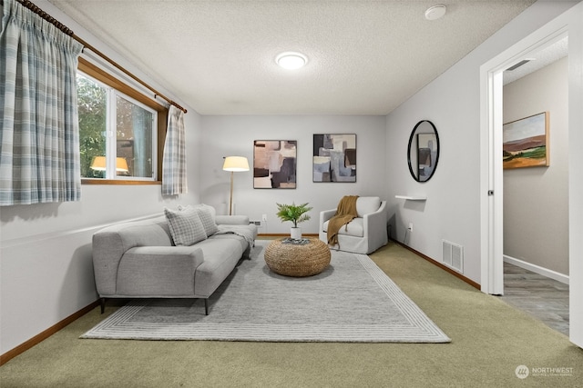 carpeted living room with a textured ceiling