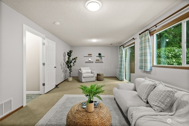 living room with light carpet and a textured ceiling