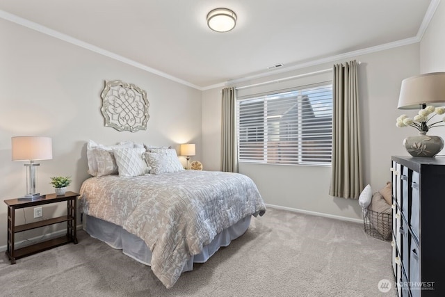 bedroom with carpet floors, visible vents, ornamental molding, and baseboards