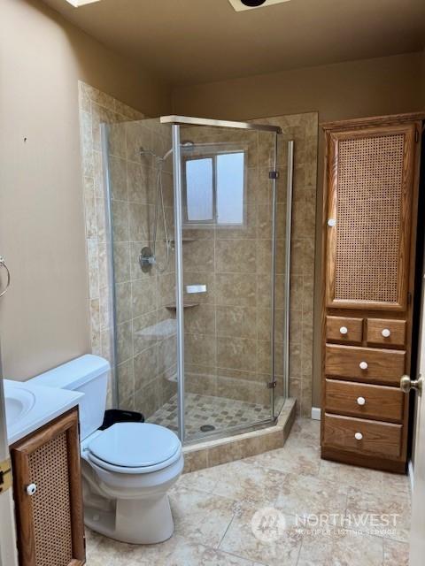 bathroom with vanity, an enclosed shower, and toilet