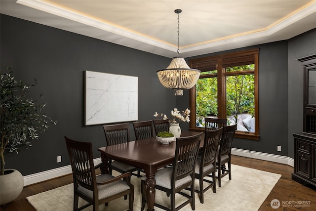 dining area featuring a raised ceiling, baseboards, and wood finished floors