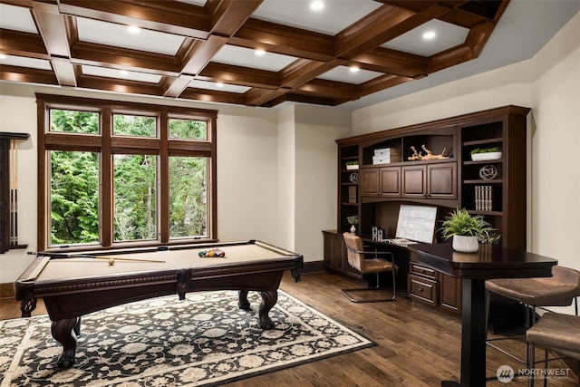 playroom with built in desk, coffered ceiling, dark wood-type flooring, and beamed ceiling