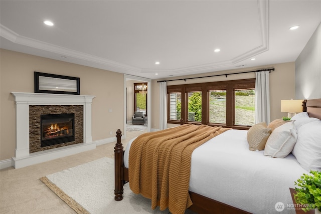 carpeted bedroom featuring ornamental molding, recessed lighting, a fireplace, and baseboards