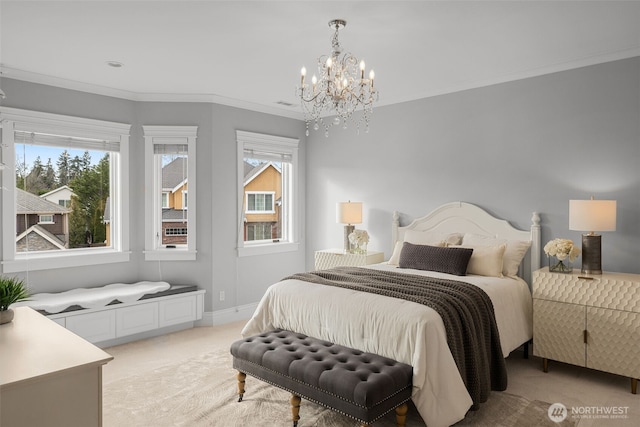 bedroom with light carpet, crown molding, and baseboards