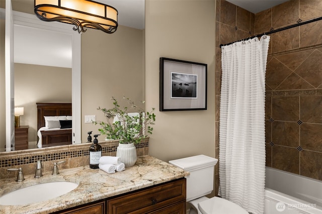 full bathroom with toilet, shower / bathtub combination with curtain, and vanity