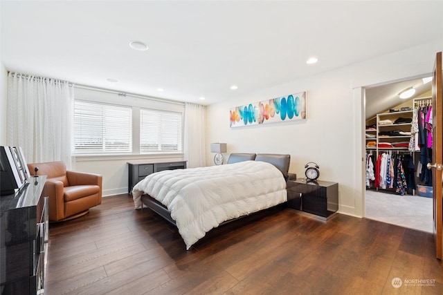 bedroom with dark hardwood / wood-style flooring, a walk in closet, and a closet