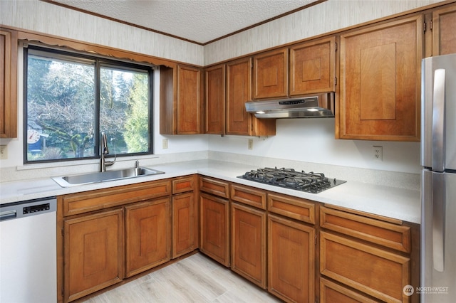 kitchen featuring sink, crown molding, appliances with stainless steel finishes, a textured ceiling, and light wood-type flooring