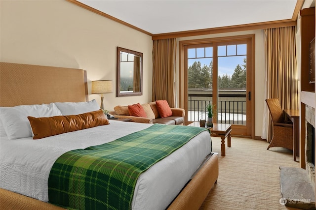 bedroom with access to exterior, crown molding, and light colored carpet