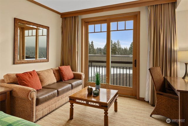 living room with ornamental molding