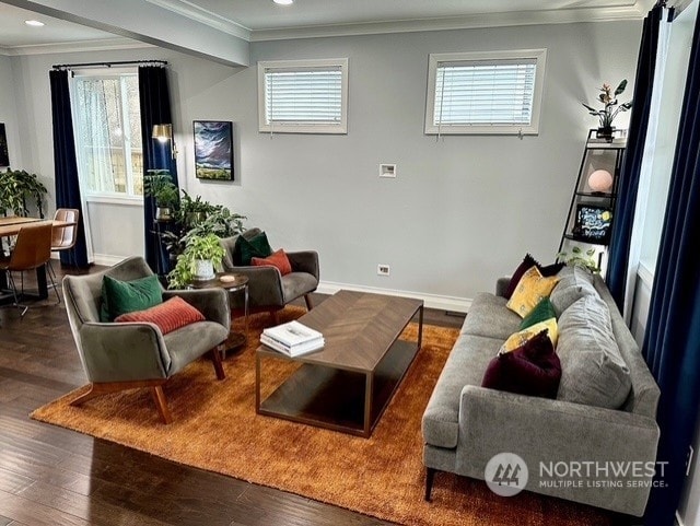 living room featuring crown molding, plenty of natural light, and dark hardwood / wood-style floors