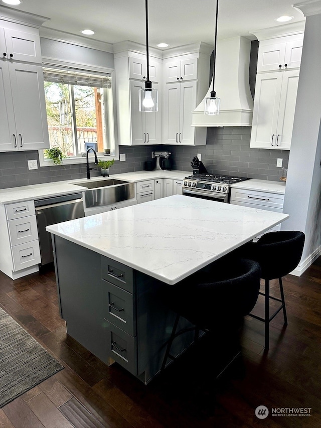 kitchen with stainless steel appliances, premium range hood, a center island, and pendant lighting