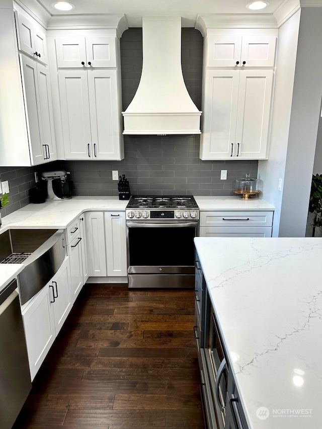 kitchen with dark hardwood / wood-style floors, appliances with stainless steel finishes, white cabinets, and premium range hood