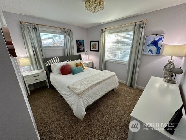 bedroom featuring multiple windows and dark colored carpet