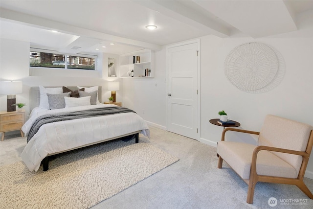 bedroom featuring baseboards, beamed ceiling, recessed lighting, and light colored carpet