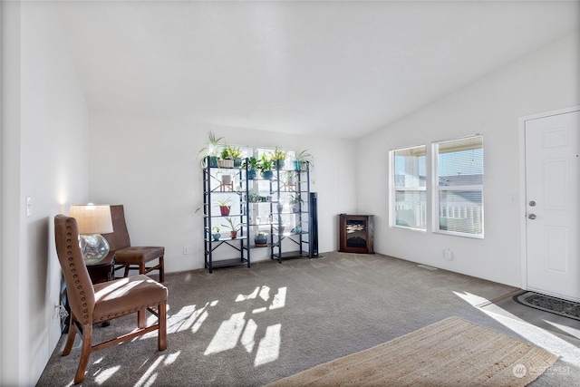 sitting room with carpet floors and vaulted ceiling