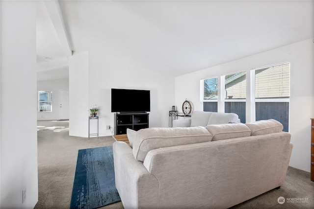 living room with lofted ceiling and carpet flooring