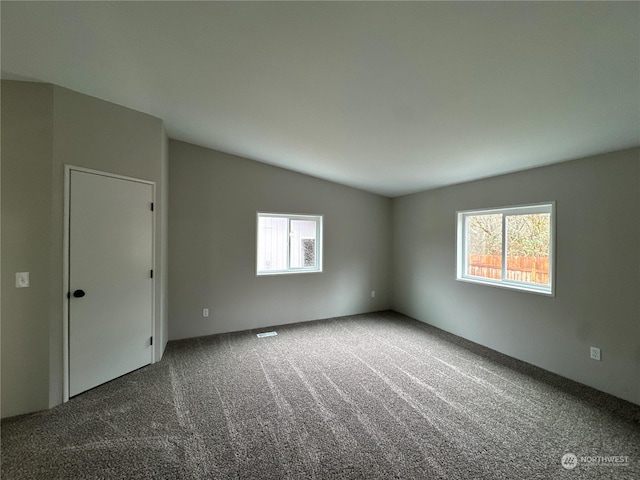 empty room featuring vaulted ceiling and carpet flooring