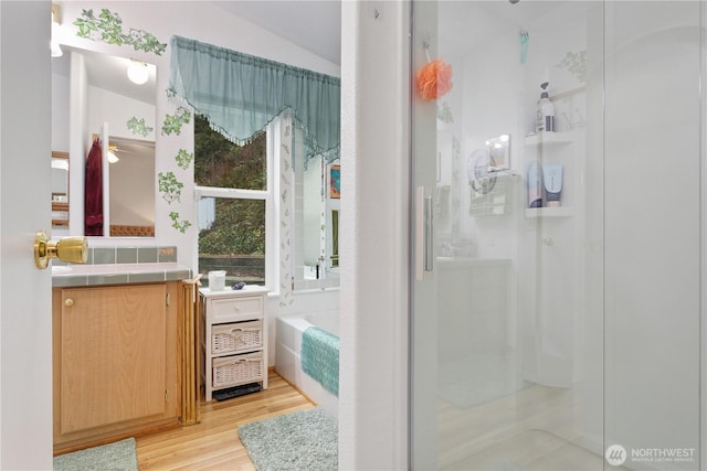 bathroom featuring separate shower and tub, vanity, and hardwood / wood-style floors