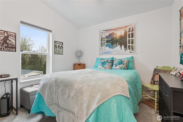 bedroom with carpet flooring and lofted ceiling