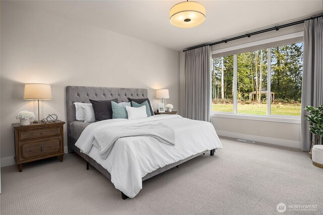 bedroom featuring light carpet, visible vents, and baseboards