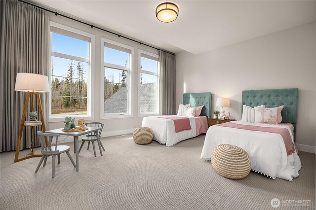 bedroom with carpet floors, visible vents, and baseboards