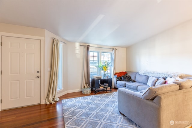 living room featuring lofted ceiling and wood-type flooring