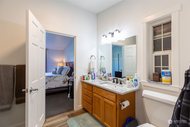 bathroom with hardwood / wood-style flooring, vanity, and toilet