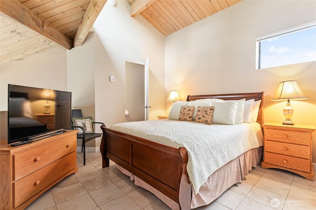 bedroom with light tile patterned flooring, lofted ceiling with beams, and wood ceiling