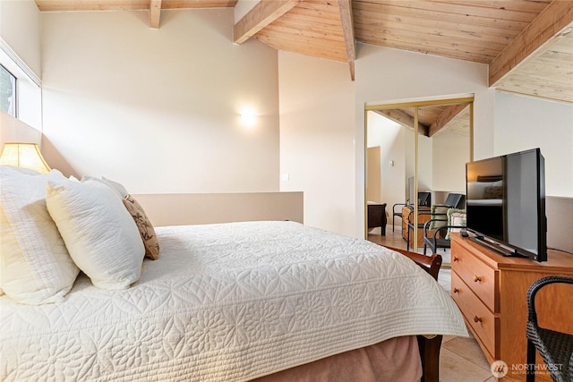 tiled bedroom featuring wooden ceiling and vaulted ceiling with beams