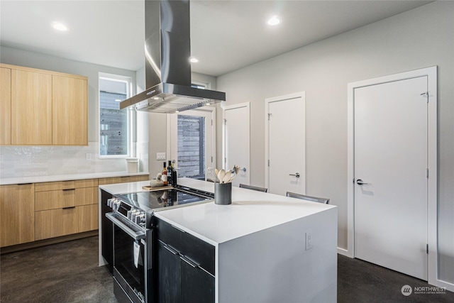 kitchen with light brown cabinetry, stainless steel electric range oven, island range hood, a kitchen island, and backsplash