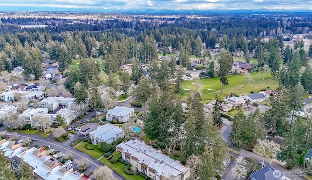 drone / aerial view with a view of trees and a residential view