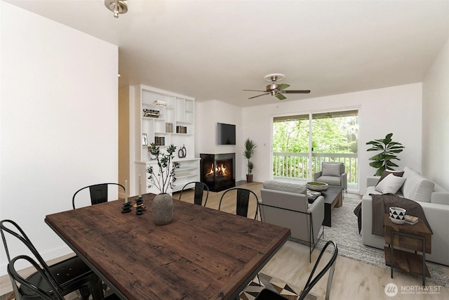 dining space featuring light wood finished floors, ceiling fan, and a lit fireplace