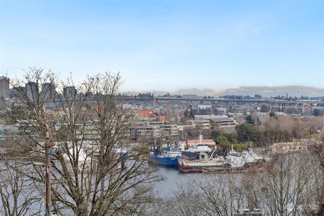 bird's eye view with a water and mountain view