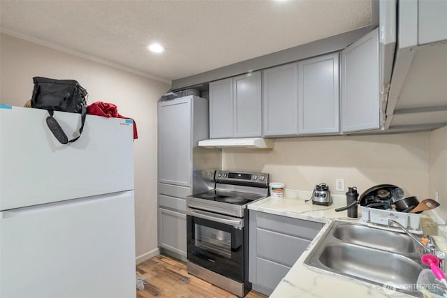 kitchen with electric stove, freestanding refrigerator, light wood-style floors, light countertops, and a sink